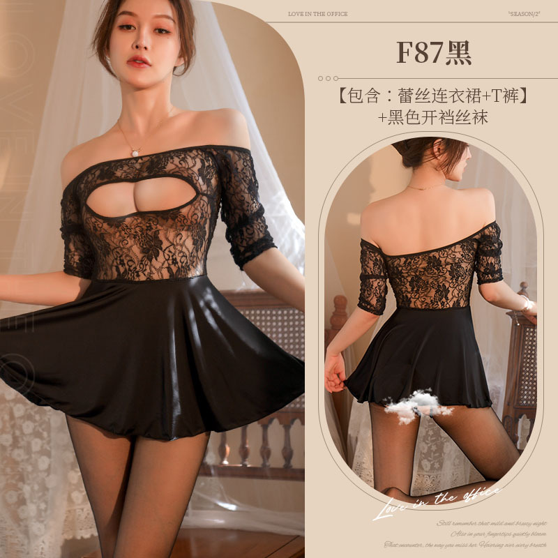 블랙 레이스 드레스 + T 바지 + 블랙 가랑이 없는 양말