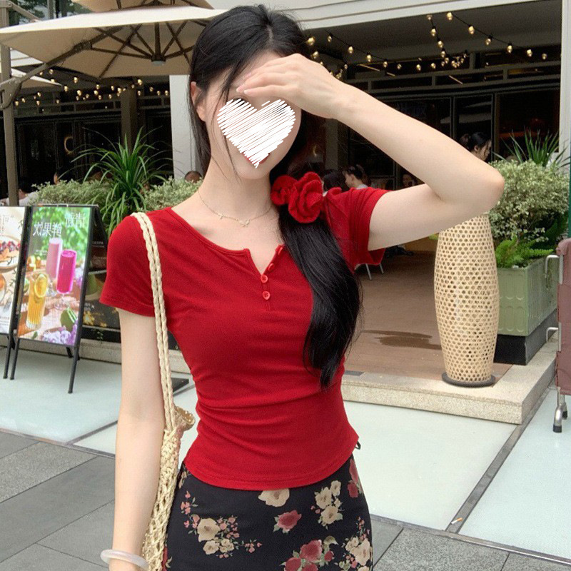 10.10紫玉 夏季新款修身短袖女T恤正肩排扣半开领纯欲气质红色