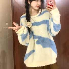 韩系软糯保暖套头拼色毛衣女学生秋冬新款慵懒风加厚圆领针织上衣