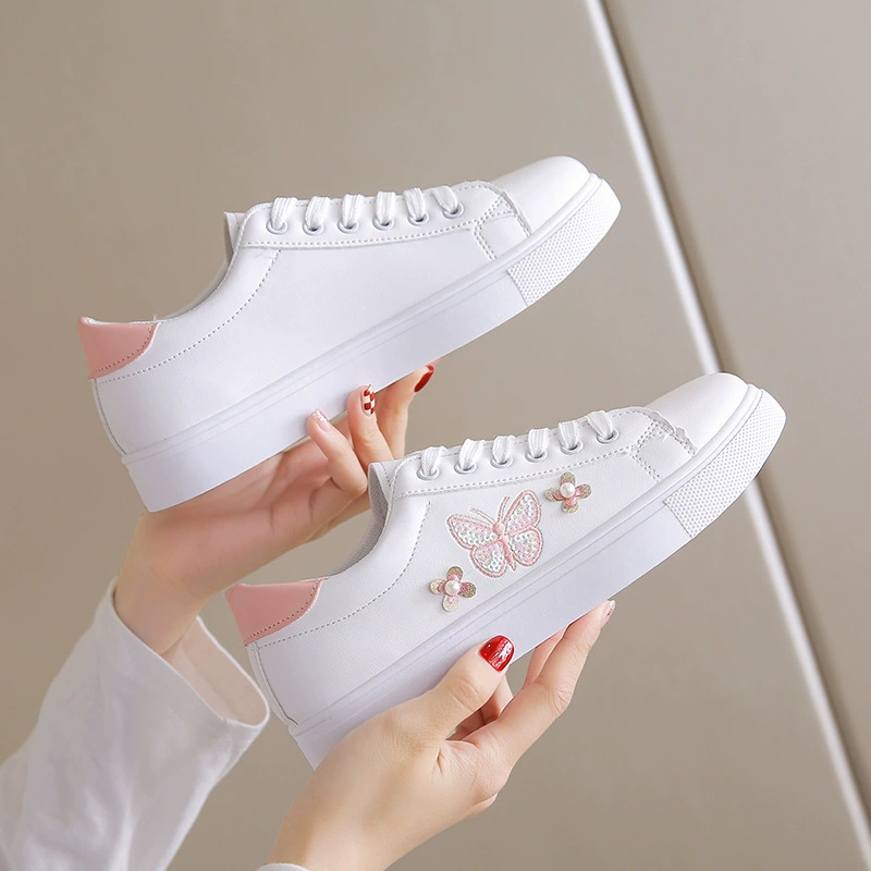 White Shoes Women's 2023 New Spring Breathable Flat Shoes Leather Top Lace-Up Sports Fashion Casual Shoes for Women