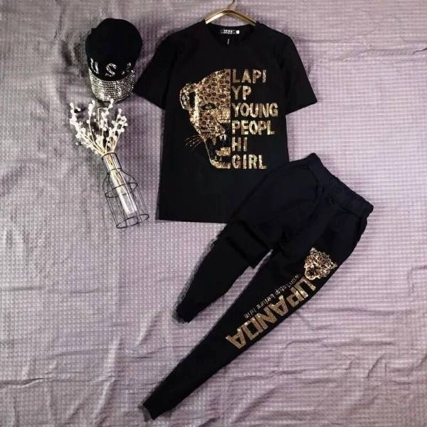 Костюм больших размеров 200 Цзинь в западном стиле, женский летний модный горный хрусталь, тяжелое рабочее покрытие, повседневный толстый сестринский комплект из двух предметов