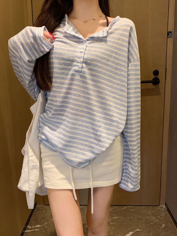 天丝罗纹 韩系穿搭慵懒风撞色条纹长袖防晒罩衫女夏长袖T恤上衣|undefined