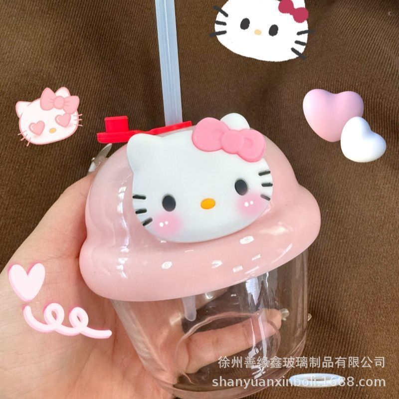 草莓熊吸管玻璃杯儿童水杯便携带伴手礼杯子批发萌趣节日伴手礼|undefined