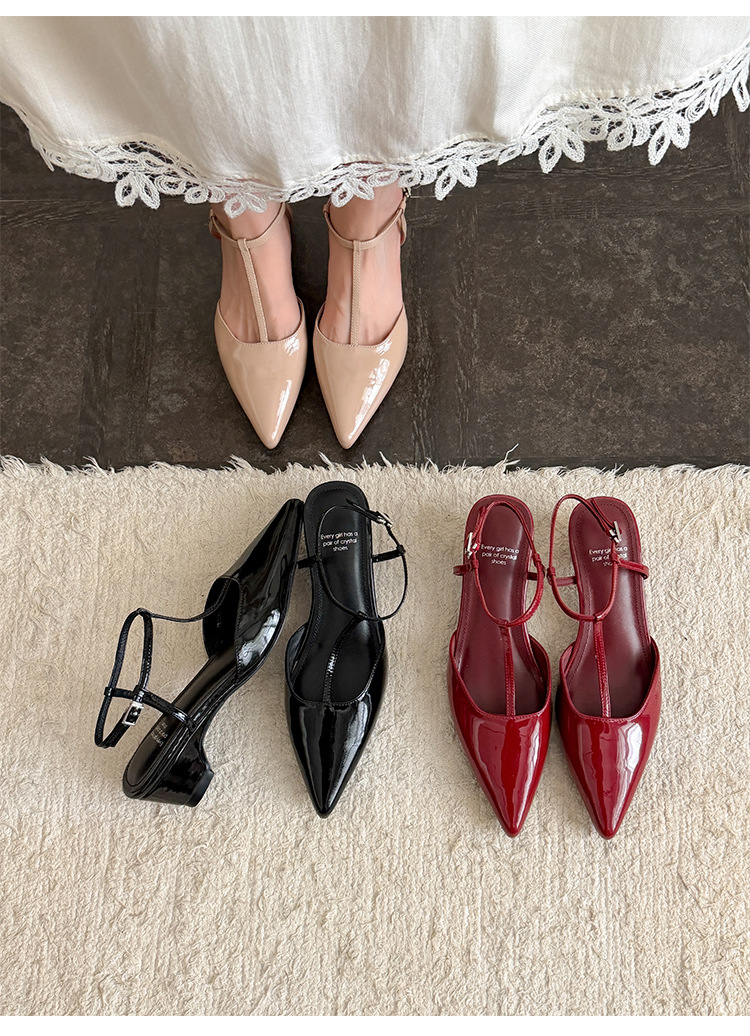 Sandal nữ mũi nhọn da bò sơn mài quai T khóa, gót 4.5 cm, phong cách Hàn Quốc — đen chi tiết 10