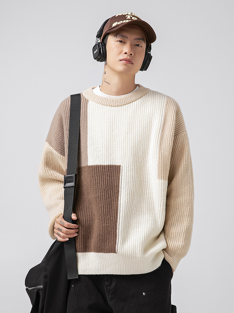 Suéter texturizado con bloques de color y diseño patchwork para hombre, nuevo estilo japonés de otoño e invierno, suéter grueso de punto de marca a la moda y holgado.