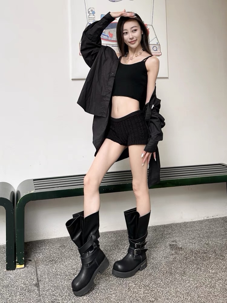 Retro Platform Knee High Boots For Women Punk Motorcycle Style_voghion.com