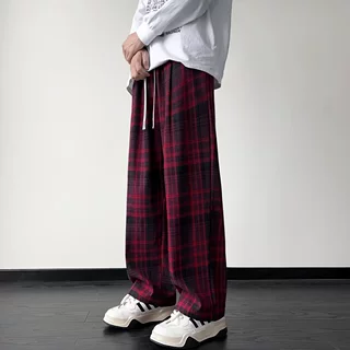 韩版潮流卫裤男款秋季美式设计感慵懒风格子长裤直筒阔腿休闲裤子