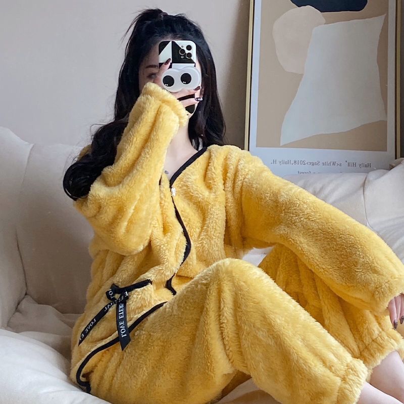 Coral vello de invierno coreano lindo dulce estudiante grueso calentamiento conjunto de ropa para el hogar de franela pijamas de alta calidad
