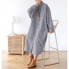 2025秋季新款韩版时尚宽松大码长款条纹衬衫女装长袖文艺衬衫裙潮