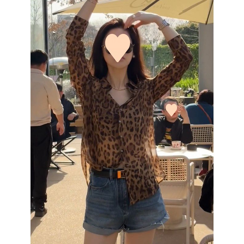 歐貨豹紋長袖曬襯衫女夏天薄款寬鬆雪紡衫設計感復古氣質小上衣