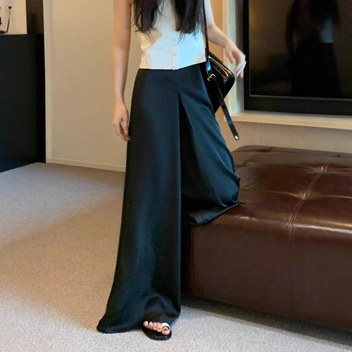 Elegant acetate pure color silky satin drop-waist relaxed wide-leg pants for summer 2025, high-waisted floor-length trousers