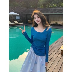 フェイクツーピースオフショルダーアイクラインブルー長袖Tシャツレディース夏薄い日焼け止めブラウス巾着ウエスト痩身トップ