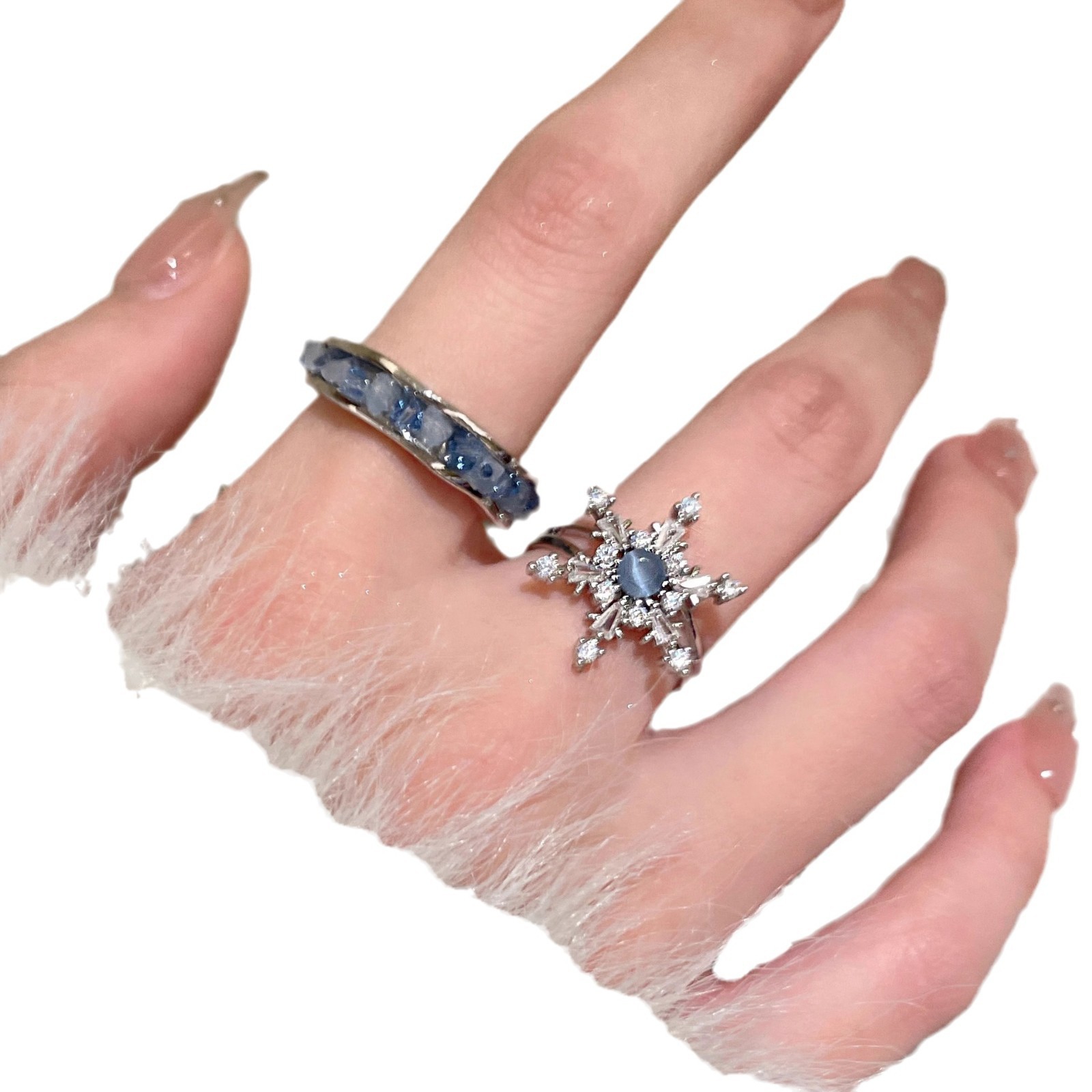 (2개) 한국어 파란색 눈송이 지르콘 반지 쌓인 빛 럭셔리 달콤한 2024 새로운 분위기 여성 다목적 검지 손가락 반지