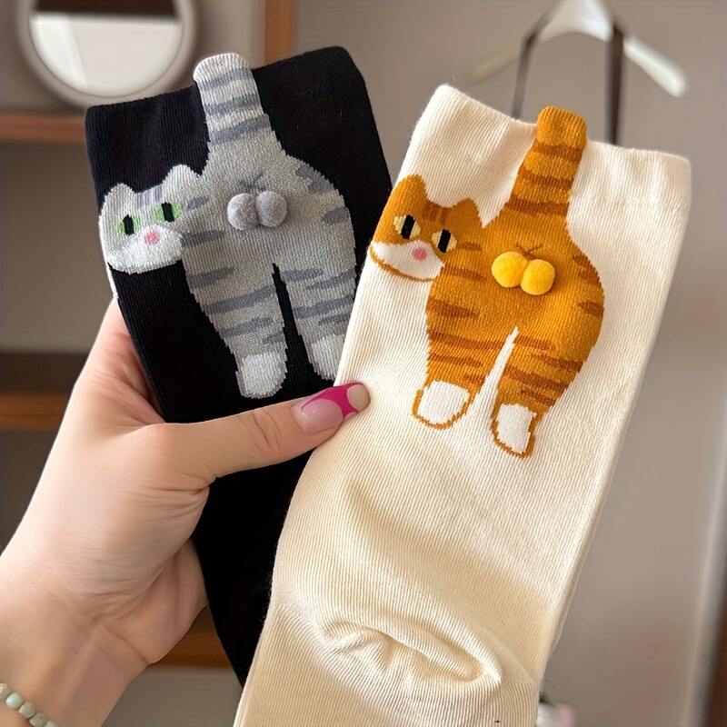 Spring and Summer Creative Cat Egg Cotton Socks for Women, 3D Personality Cat Socks, Cute and Quirky Women's Socks, Solid Color Non-Slip Mid-Calf Socks