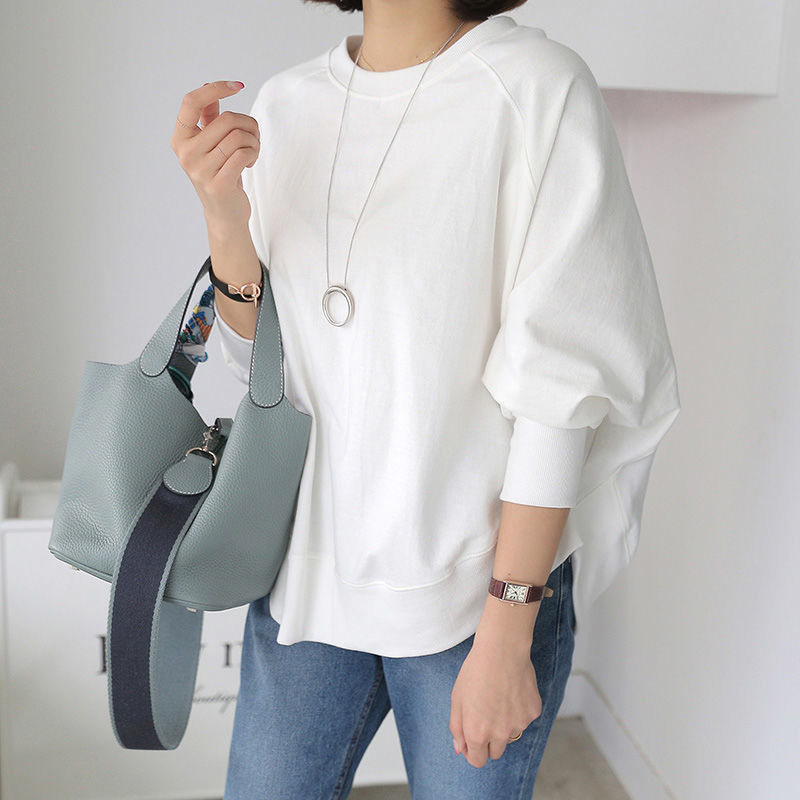 Japanese and Korean Lazy Style Pure Color Bat-Sleeve Sweatshirt for Women 2024 Autum Design Hem Slit Nine-Quarter Sleeve Top Japanese and Korean Lazy Style Pure Color Bat-Sleeve Sweatshirt for Women 2024 Autum Design Hem Slit Nine-Quarter Sleeve Top
