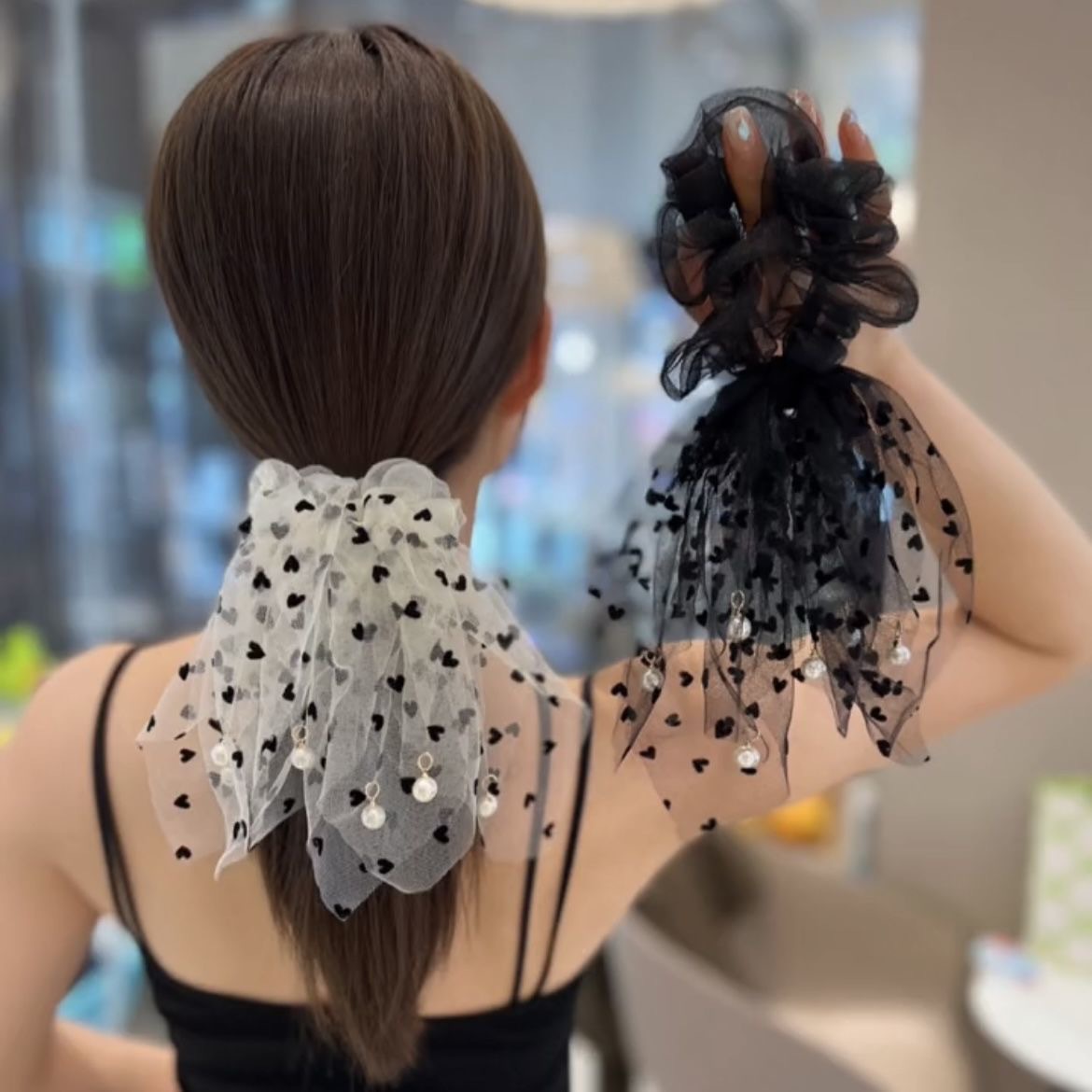 Casual Heart Shape Gauze Tassel Pearl Hair Tie display picture 1