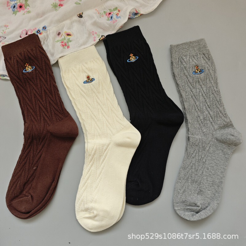 New Saturn Empress Socks for Women, Mid-Calf Socks with Embroidery, Wide Double-Needle Japanese-Style Cotton Blend Versatile Slouch Socks New Saturn Empress Socks for Women, Mid-Calf Socks with Embroidery, Wide Double-Needle Japanese-Style Cotton Blend Versatile Slouch Socks