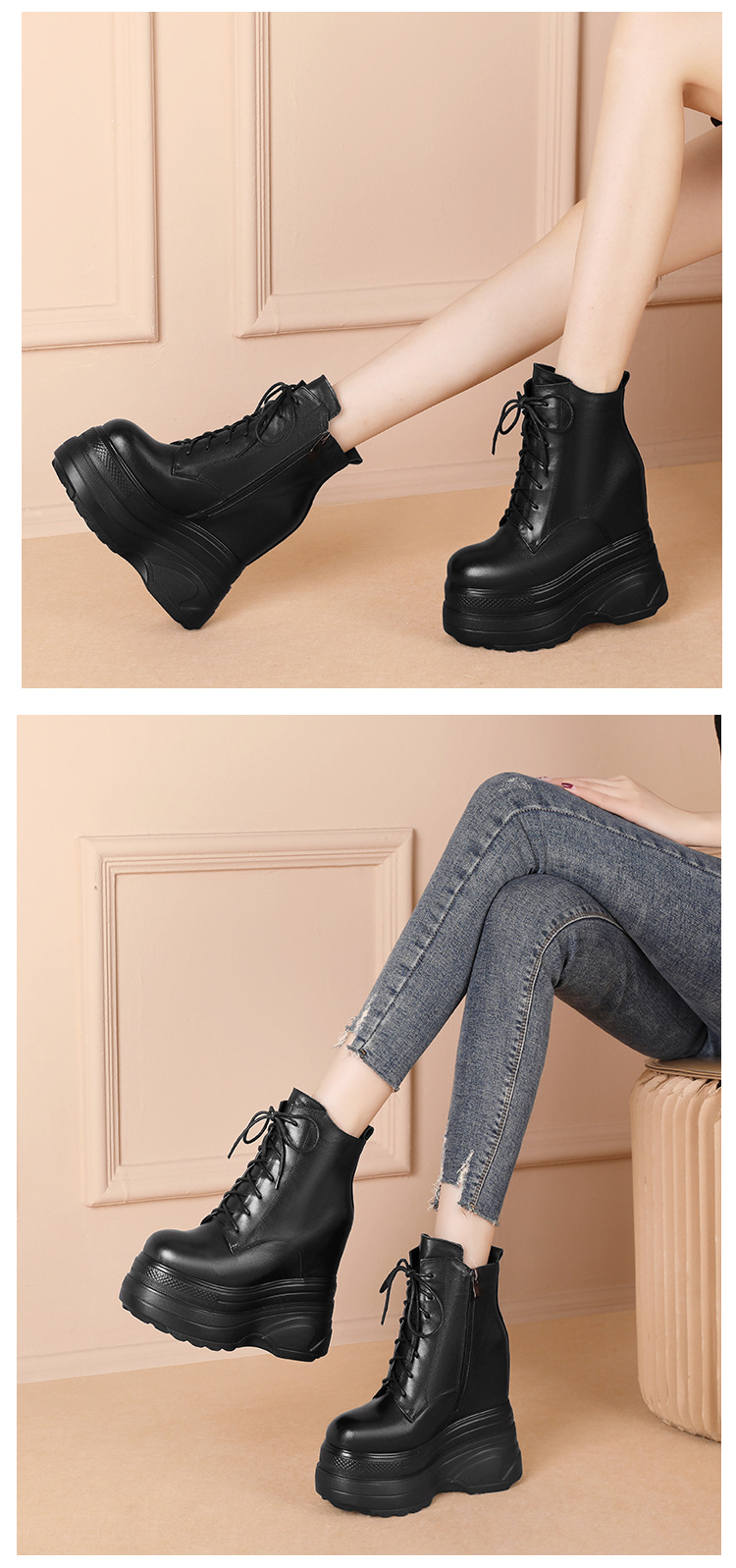 Boot nữ đế dày cao gót 16cm dây buộc chống trượt phong cách Martin — Lót nhung đen chi tiết 7