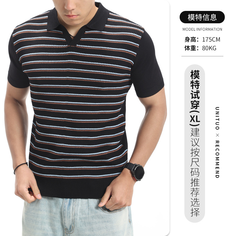 Nuevo lujo ligero viejo estilo de dinero para hombres a rayas de punto polo camisa de hombre con solapa de cuello en V de manga corta de alto nivel de ropa casual para hombres