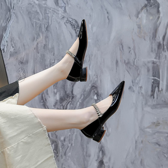 JC Rhinestone Chain High Heels 2024 Commuter Elegant Patent Leather Block Heel Pointed Mary Jane Bridesmaid Shoes