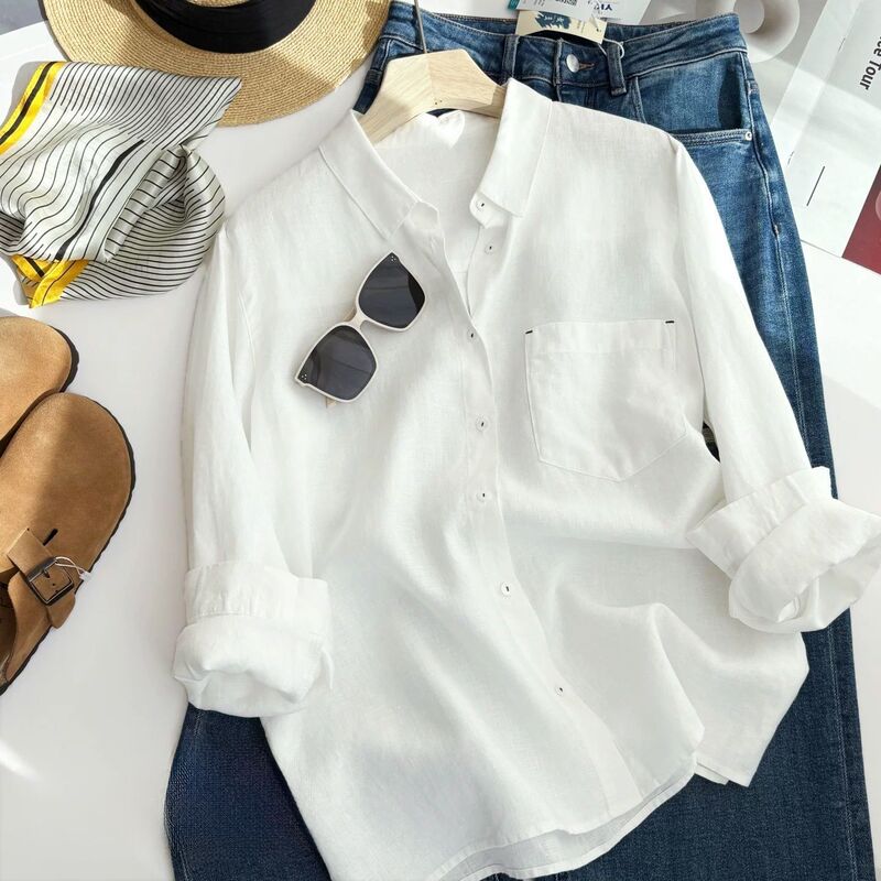 Japanese-Style Relaxed Old Money Style 100% Hemp (Hanfa) Loose Fit Long-Sleeve Straight Slimming White Shirt for Women