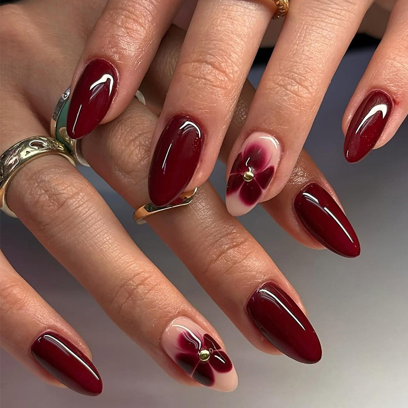 Cross-Border Almond Nails Wearable Nails Flower Steel Beads Red Manicure Wearable Nails Wholesale Fake Nails Finished Nails