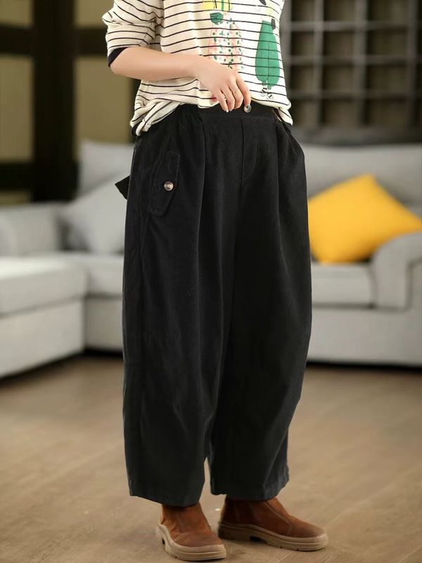 古咖服饰秋冬复古棉质灯芯绒哈伦裤女松紧腰显瘦条绒宽松休闲长裤|undefined