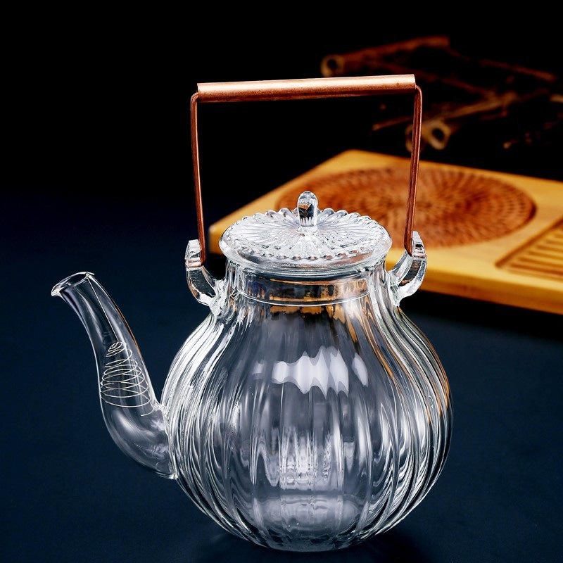 Pétalo de rayas hervidor de agua de estilo japonés cabeza de grúa crisantemo pétalo de vidrio de borosilicato de cobre mango de viga olla flor tetera té
