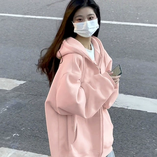 韩版粉色拉链连帽卫衣外套秋冬新款即墨女装宽松慵懒休闲百搭开衫