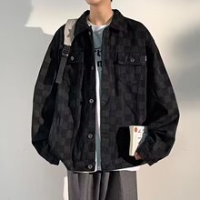 青少年休闲百搭棋盘格水洗牛仔夹克外套长袖翻领宽松版型男生夹克