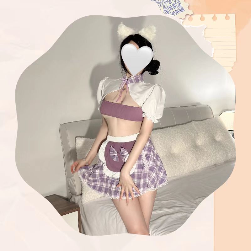 Maid Roleplay Lingerie Set with Apron, Purple Dress, Stockings and Ears — detail image 5