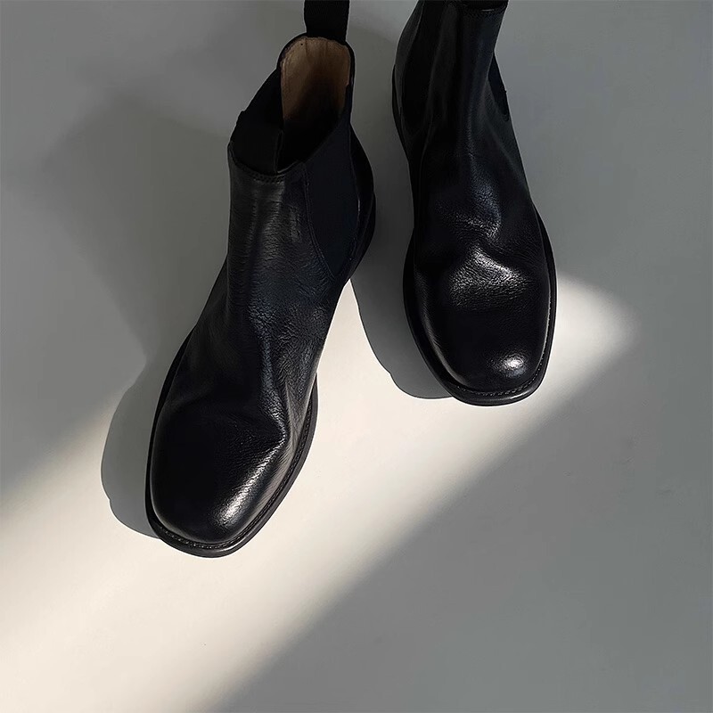 Cowhide Chelsea Boots Autumn and Winter Genuine Leather Retro Stylish Fold Boots Street-Fried Boots Thick-Sole Smoke Barrel Martin Boots