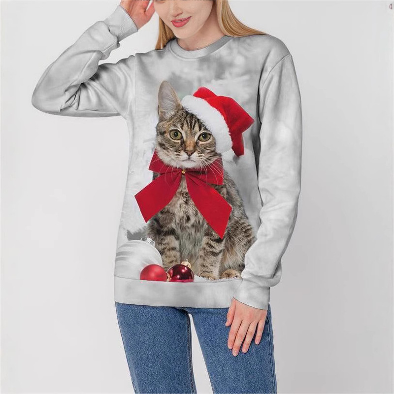 2025 New 3D Printed Women's Christmas Cat Christmas Hat Printed Sweatshirt