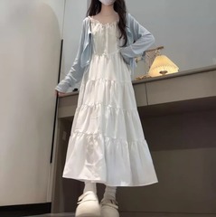韩系甜美温柔风白色吊带连衣裙女生搭配夏季防晒披肩开衫两件套装