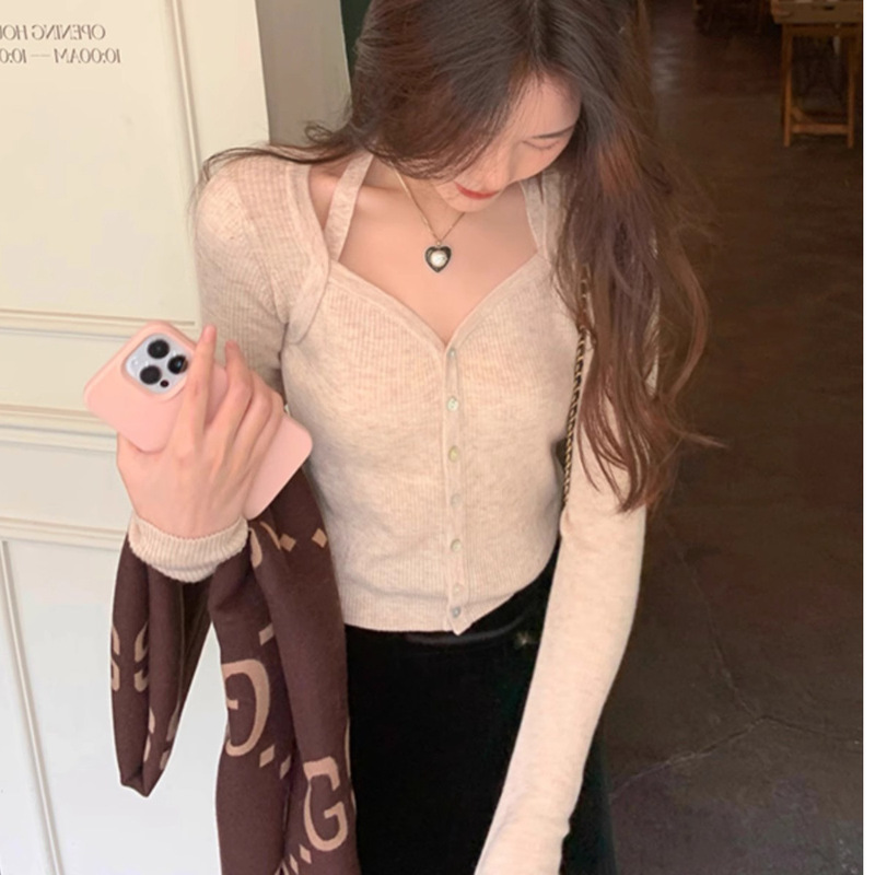 Autumn and Winter New V-neck Hanging Neck Knitted Cardigan Clavicle-exposed Design Sense Slim-fit Inner Base Shirt Stylish Square Collar Top