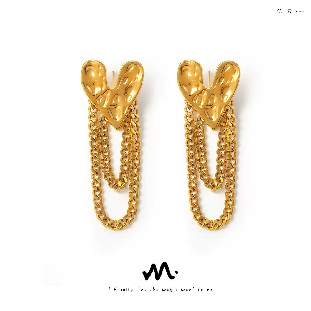 欧美气质岩溶心形耳钉女复古个性锤纹爱心流苏链条不锈钢耳饰批发