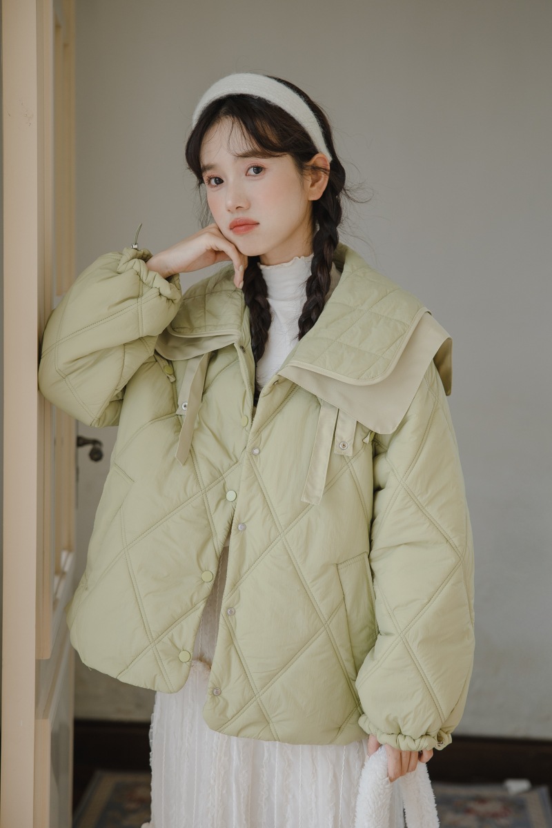 Winter Niche Design Double-layer Collar Rhombus Korean Style Loose Warm Cotton Coat For Women