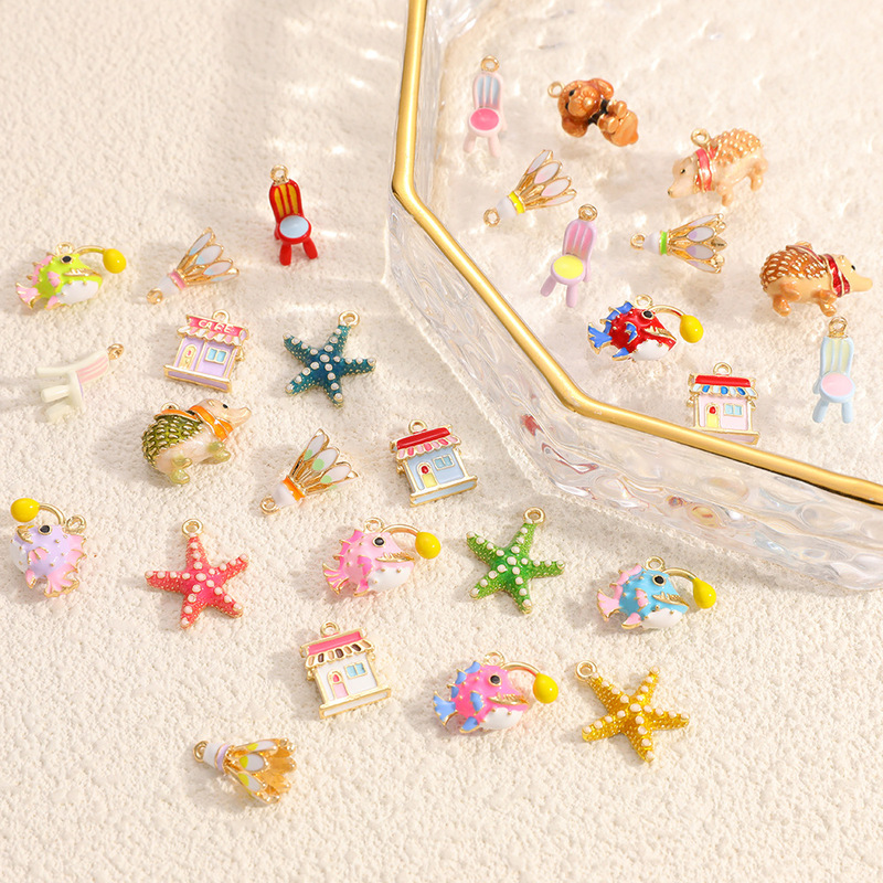 Cross-Border Alloy DIY Jewelry Accessories Ocean Series Starfish Conch Pufferfish Oil-Drip Plated 18K Gold Color-Preserving Pendant