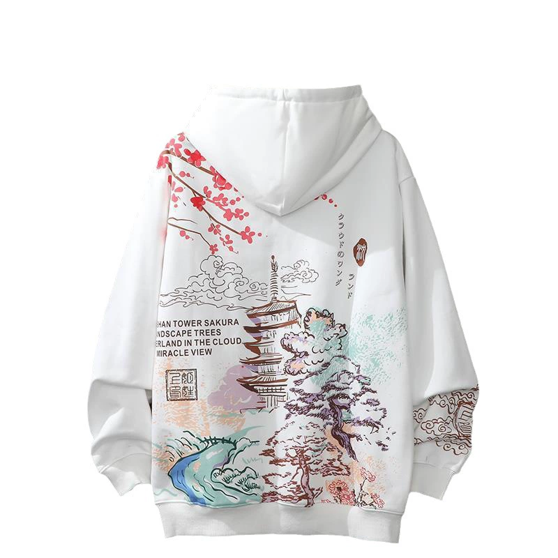 Sweatshirt Autumn Thin Hoodie, Unisex Loose Fit, Chinese-Style Sakura Print