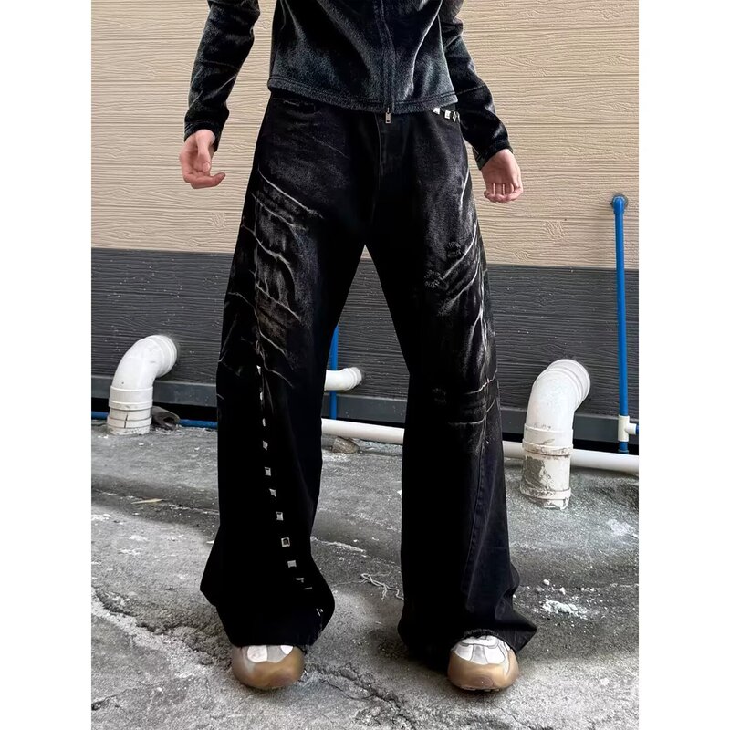 American High Street Style Black Lightning Pattern Jeans for Men, Autumn Season, Cool and Stylish, High-End Feel, Washed Vintage Straight-Leg Flared Long Pants American High Street Style Black Lightning Pattern Jeans for Men, Autumn Season, Cool and Stylish, High-End Feel, Washed Vintage Straight-Leg Flared Long Pants