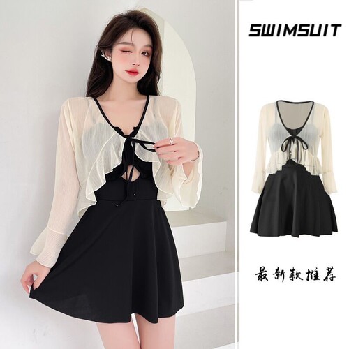 Women's swimsuit sun protection long-sleeved small coat one-piece skirt-style belly-covering slimming small breasts push-up hot spring beach vacation swimsuit