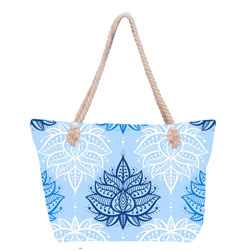 Bolso de playa impreso para mujer de venta caliente transfronterizo Bolso de lona portátil de gran capacidad Bolso de hombro junto al mar Bolso de mano con cuerda de algodón