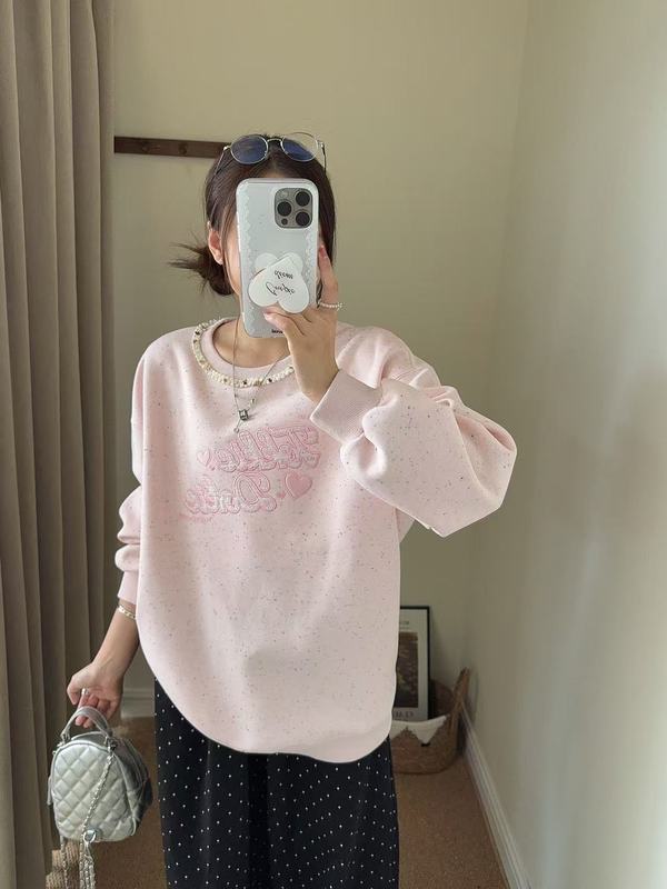 韩国东大门小香风贴布刺绣手工钉珠卫衣女秋季新款宽松百搭上衣|undefined