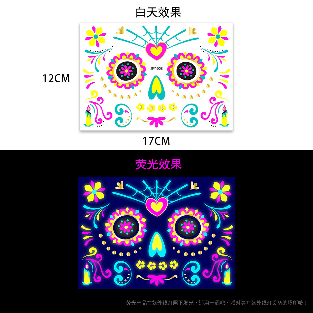 Tatuajes Temporales Metalizados para Cara de Papel de Transferencia de Agua, Fluorescente para Fiesta de Halloween