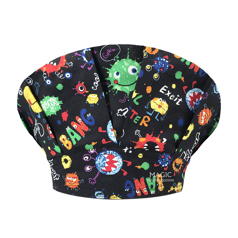 Sombrero de enfermera mujer chef cocinando cocina a prueba de aceite a prueba de humo pérdida de cabello sombrero esponjoso sombrero impreso puntera sombrero de trabajo ajuste elástico