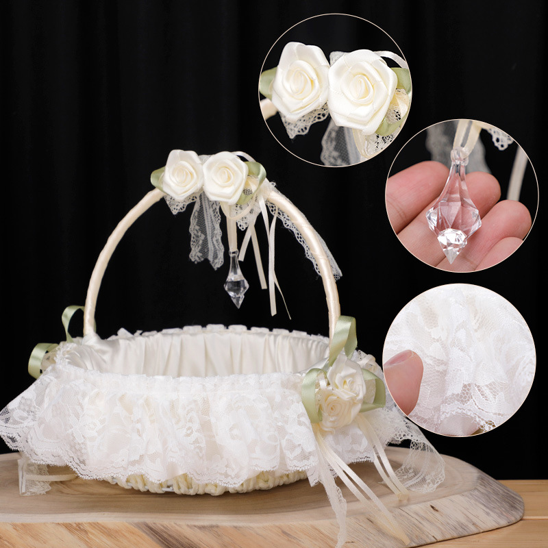 跨境節日花籃婚禮花童撒花花籃亞馬遜熱銷蝴蝶結奶白蕾絲小孩花籃