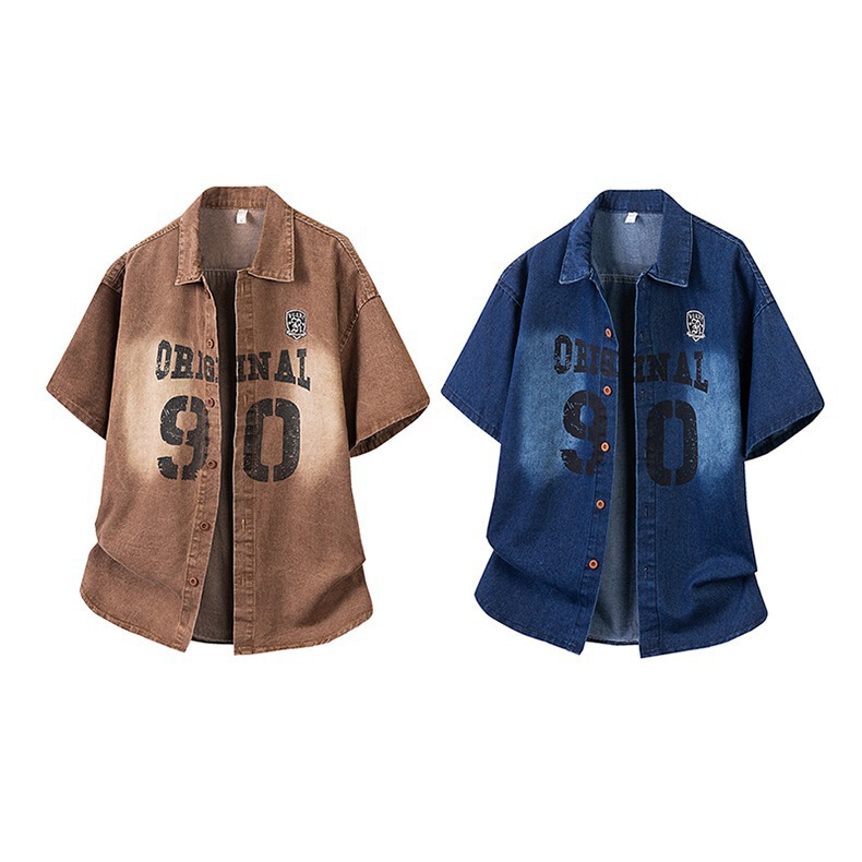 American Trendy Brand Vintage Washed Distressed Denim Short-Sleeved Shirt for Men, Loose Casual Shirt for Men and Women