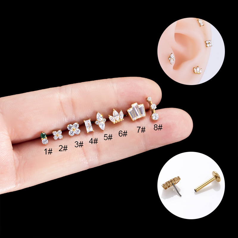 2PCS G23 Insertion Push Pin Lip Earbone Nail Zircon Flower Crown Fashion F136 Titanium Puncture Earrings_voghion.com
