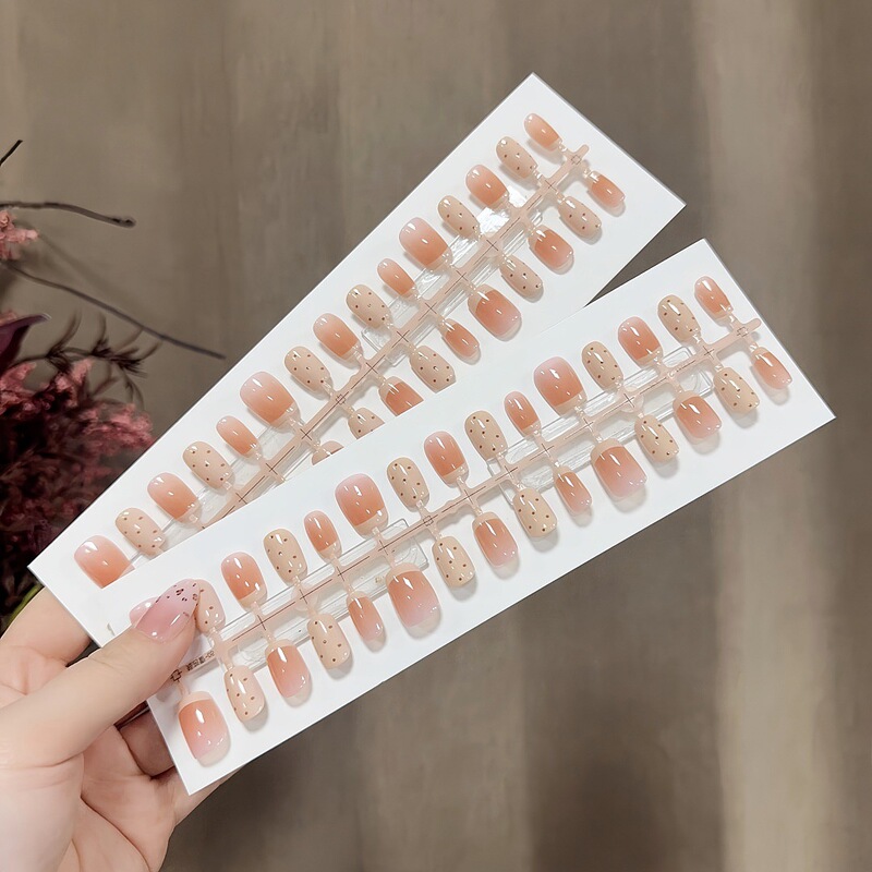 S389-Pre-Made Nails, Nude Apricot Pink Milk Brown Polka Dot Wearable Nails, Simple and Gentle Short Nails, Removable Nails