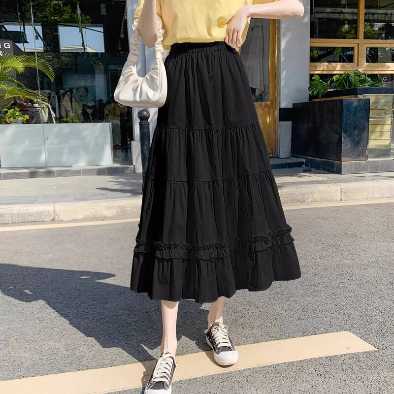High-Waisted Cake Skirt Pleated Skirt Spring & Fall Women's Mid-Length A-Line Skirt Slimming Look Large Hem Umbrella Skirt 2025 New Style